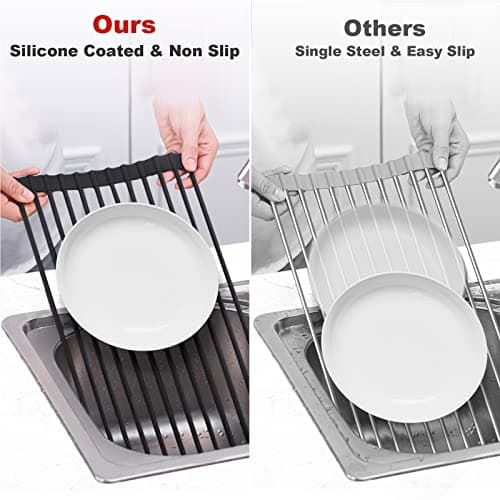 MERRYBOX Roll Up Dish Drying Rack Silicone Wrapped Over The Sink Dish Drying Rack Multipurpose Foldable Sink Drying Mat Anti-Slip & Anti-Rust Dish Rack for Kitchen, 17.5" x 13", Black 6