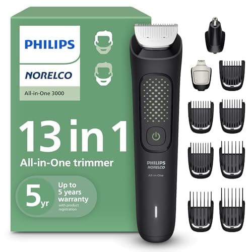Norelco Philips All-in-One 3000 Series 13 in 1 Trimmer for Men, Beard Trimmer & Head Hair Clipper, Full Metal Self-Sharpening Blades & 8 Length Settings, MG3939/50