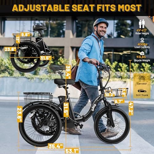 Qlife Triker Electric Bike, Peak 750W Brushless Motor Folding Trike Ebike, 468Wh Removable Battery, Step-Thru 3 Wheel Electric Bicycle, Up to 50 Miles, 20 Tire Tricycle for Adults Black 7