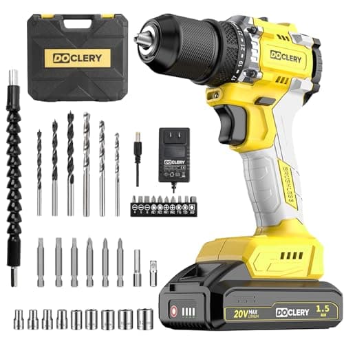 DOCLERY 20V Brushless Cordless Drill, Electric Power Drill Set with 1 Battery & Charger, 2 Variable Speed, 442.48 In-lb Torque, 21+1 Position and 34pcs Drill/Driver Bits
