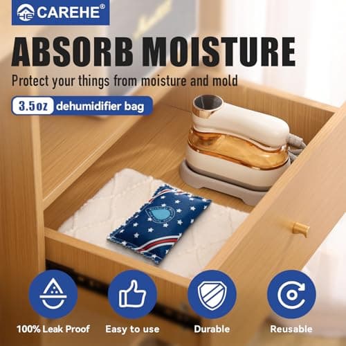 CAREHE Rechargeable Dehumidifier Bags 5 Pack (100g Each) - Silica Gel Moisture Absorbers for Closet, Car, Gun Safe, Garage Storage, RV - Reusable by Microwave Heating 8