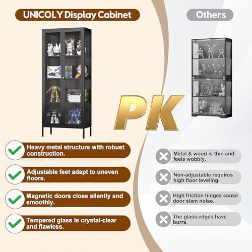 UNICOLY Glass Display Cabinet 4-Tier, Display Cabinet with Glass Doors, Curio Cabinet with Tempered Glasses Doors,Metal Storage Cabinets for Living Room, Plant, Assembly Required, Black 8