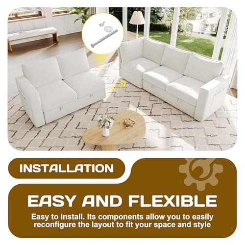 SUAWY 83.5" Sectional Sleeper Sofa with Pull Out Couch, Modern 5 Seat L Shaped Modular Couch, Sectionals Modular Sofa with Storage, Comfy Sectional Couches for Living Room & Apartment, Light Beige 7