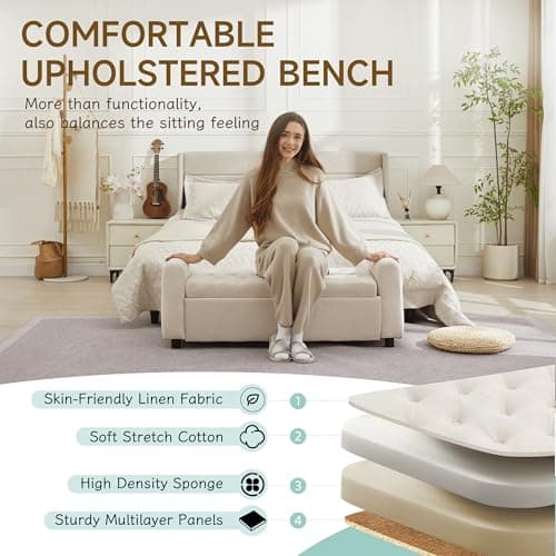 Ottoman with Storage, Tufted Storage Bench for Bedroom, 48" Fabrics End of Bed Bench, Upholstered Entryway Shoe Benches with Rolled Arm & Inner Zipper, Window Ottomans Chest without Rivets, Beige 6