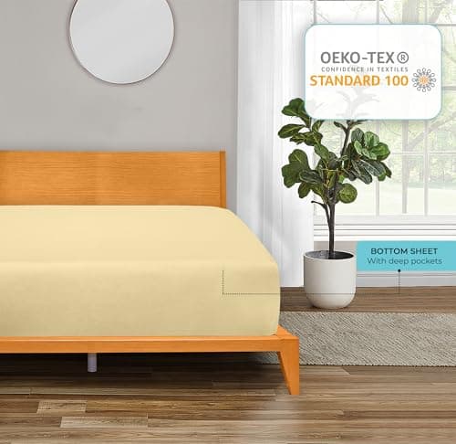 ROYALE LINENS 300 Thread Count 100% Long Staple Combed Cotton Fitted Sheet Queen - Super Soft Deep Pocket Bottom Sheet - Fitted Sheets Only - Elastic Sheets (Queen, Light Yellow) 6