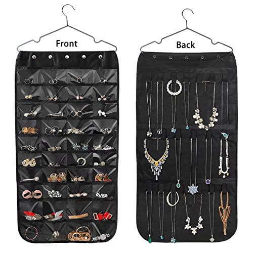 Forypretty Hanging Jewelry Organizer, Double-Sided 80 Pockets (40 Front + 40 Back), Closet & Hook Jewelry Storage, for Earrings, Necklaces, Bracelets, Rings & Pendants, Black
