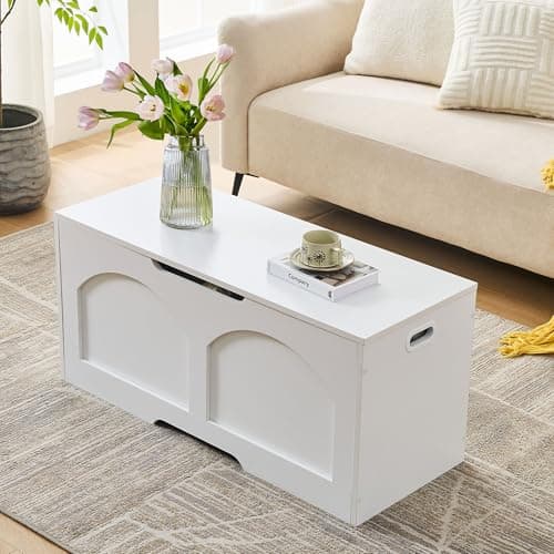 oakvivo 39.4" Storage Chest, Wooden Storage Bench Trunk, Upgraded Safety Lift Support Hinge, Large Entryway Bench Box, Supports 330 lb U-Shaped Opening for Entryway, Hallway, Living Room, Ivory White 8