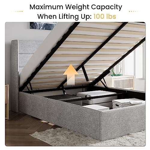 SHA CERLIN Full Size Lift Up Storage Bed/Modern Wingback Headboard/Upholstered Platform Bed Frame/Hydraulic Storage/No Box Spring Needed/Wood Slats Support/Light Grey 7
