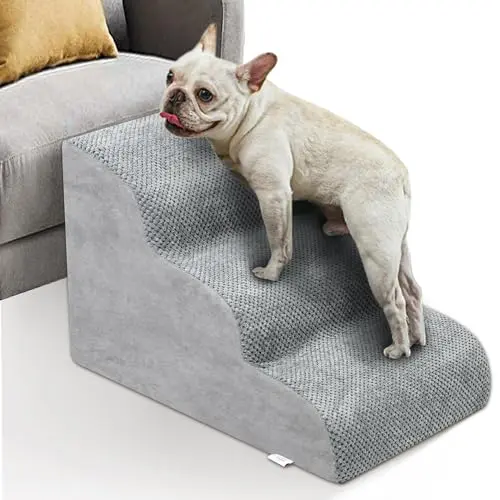 Dog Stairs for Small Dogs - High Density Foam Dog Ramp, Extra Wide Pet Steps with Non-Slip Bottom for High Beds, Couche and Sofa, Best for Dogs Injured, Older Doggy Cats (Grey, 3 Steps)