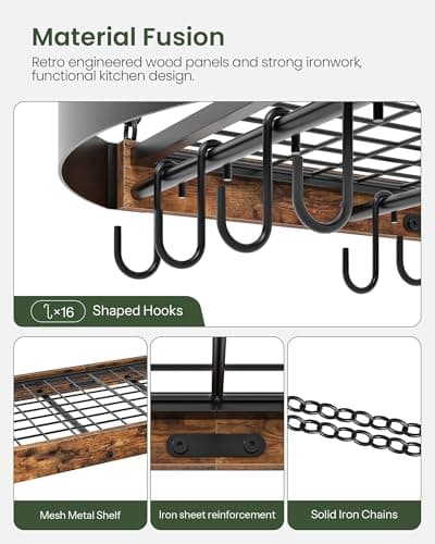 CHOEZON 31.7-Inch Hanging Pot Rack, Space-Saving Pot Hanger for Kitchen, Ceiling Pan Hanging Rack with 16 Detachable S Hooks, Sturdy Metal Frame, Industrial Style, Rustic Brown and Black TPR09BF 7