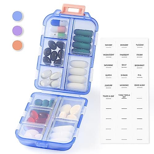 1 Pack Travel Pill Organizer w Labels & 1 Drawstring Pouch, Small 10 Compartments Pocket Pharmacy, Handy Pill Holder Box - Portable Daily Weekly Medicine Container Case - Blue 9