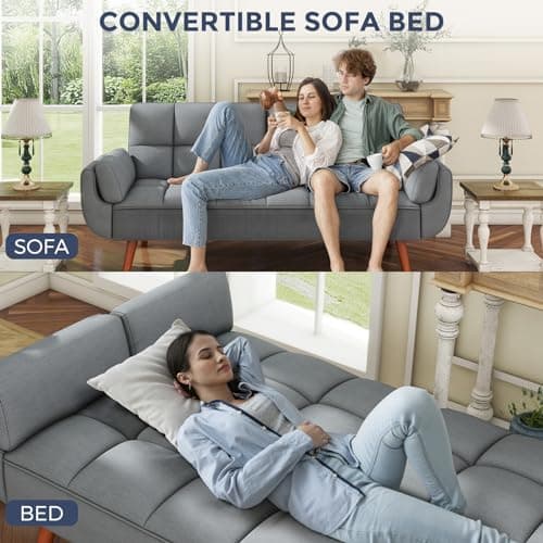 IULULU Futon Sofa Bed - Convertible Couch Bed Loveseat Sleeper for Living Room, Bedroom, Studio, Apartment, Dorm, Home Office, Small Space, Compact Living Room, Light Gray 6
