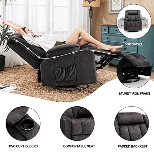 COMHOMA Recliner Chair Rocker with 360 Degree Swivel Glider Recliner Single Sofa Seat with Cup Holders for Living Room (Gray) 7