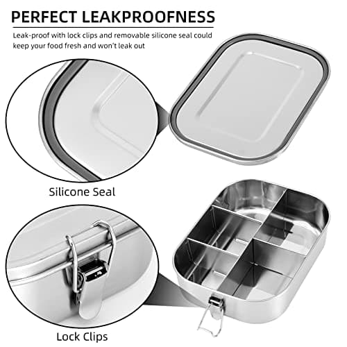 UPTRUST Stainless Steel Bento Lunch Food Box Container, 5-Compartment Large 1400ML Metal Bento Lunch Box Container for Kids or Adults with Lockable Clips to Leak Proof 4