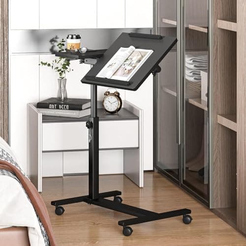 Panta Height Adjustable Rolling Laptop Stand, Overbed Table with 2 Tilting Desktops, Mobile Laptop Table for Couch with Cup Holder, Mobile Computer Workstation for Office, Home and Hospital 8