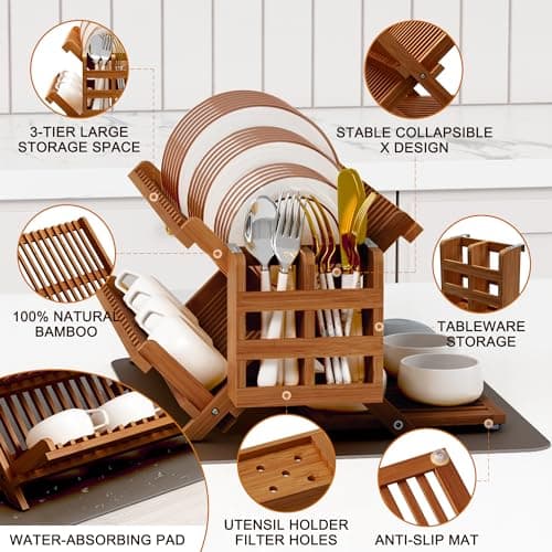 Greenual Teak Dish Drying Rack with Utensil Holder, 3 Tier Collapsible Dish Rack, Wooden Dish Racks for Kitchen Counter, Large Folding Drying Holder with Absorbent Dish Drying Mat 5