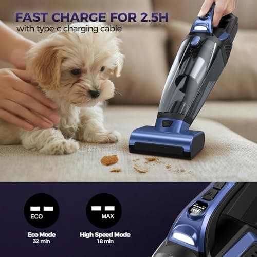 Pet Hair Handheld Vacuum Cordless: 20000PA High Power Car Vacuum with Motorized Brush and LED Light, Rechargeable Hand Held Vacuum Cleaner with Reusable Filter for Car, Home, Office & Pet, Blue 5