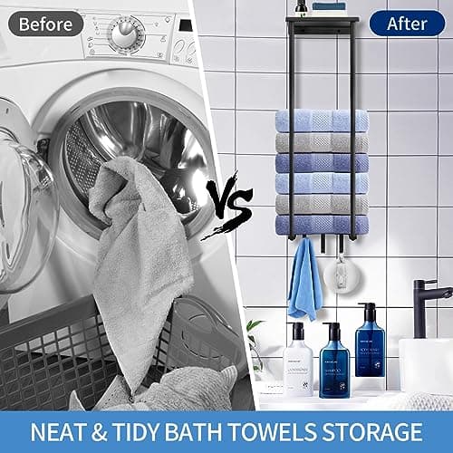 HOTNIU Towel Racks for Small Bathroom Wall Mounted, Vertical Towel Storage with Metal Shelf and 3 Hooks, Bath Towel Rack for Rolled Towels, Black Towel Holder for Large Bath Sheets Towels 6