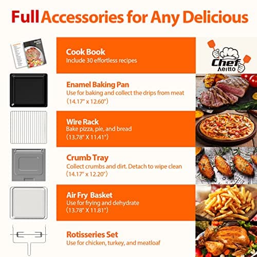 Aeitto® 32-Quart PRO Large Air Fryer Oven| Toaster Oven Combo | with Rotisserie, Dehydrator and Full Accessories | 19-In-1 Digital Airfryer | Fit 13" Pizza, 9pcs Toast, 1800w, Black 5