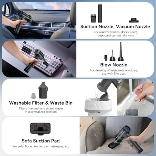 MGVK Handheld Vacuum Cordless, Portable Car Vacuum, High Power Cleaner for Pet Hair/Car/Home, Suction & Blow 2 in 1, 17-30 Min Run Time, Small Lightweight Gadget, Type-C Rechargeable 6