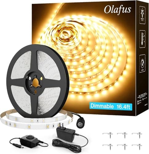 Olafus 16.4ft LED Strip Lights Warm White Dimmable, LED Rope Light Kit 12V Flexible Under Cabinet Lighting Strips, 5m 300 LEDs 2835, 3000K Bright Led Lights for Bedroom, UL Listed Plug