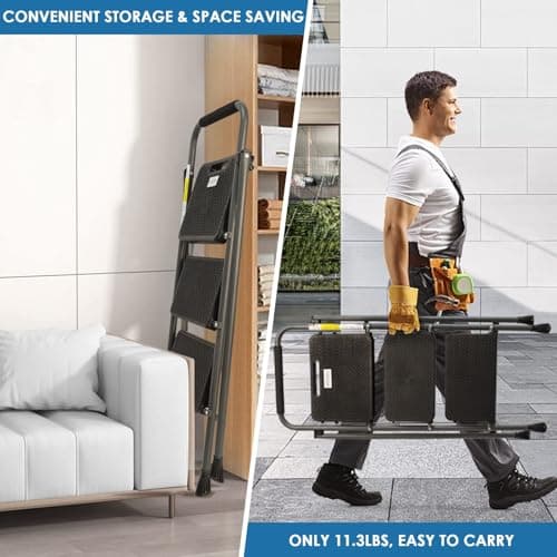 3 Step Ladder, GOLYTON Folding Step Stool with Anti-Slip Wide Pedal & Convenient Handgrip, 500lbs Capacity Steel Ladder for Household and Office, Grey 6