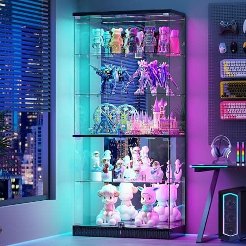 Glass Display Cabinet with RGB Lights - 5-Tiers Curio Cabinet Display Case with Lock, Frameless Tall Showcase Display Shelf for Collectibles & Legos, Living Room Bookcase Storage Cabinet (Black)