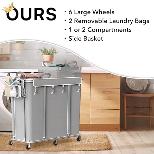 Simple Houseware Extra Large 2 Section Rolling Laundry Cart 265L (70 Gal) – Heavy Duty Hamper with 2 Removable Bags & 6 Smooth Wheels – Commercial Laundry Organizer for Home, Hotel, Dorm, Gym, Gray 5