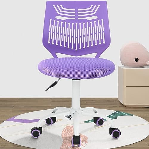 FurnitureR Desk Chair, Armless Home Office Task Chair with Mesh Padded Cushion, Swivel Study Computer Chair with Rolling Wheels for Children Kids Teens Students, Purple