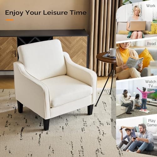 VINGLI Mid Century Modern Accent Chair, Beige Fabric Accent Chairs for Living Room Upholstered Armchair Sofa with Scooped Arms for Bedroom, Apartment, Studio, Office, Waiting Room 10