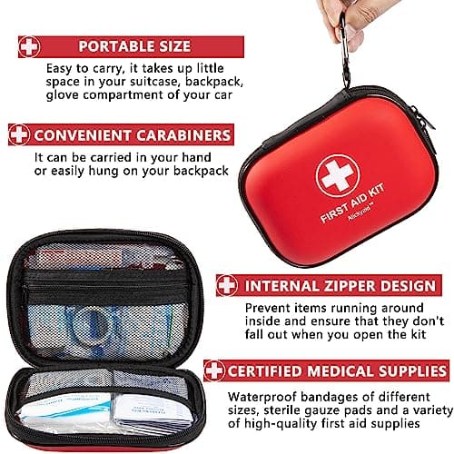 Mini First Aid Kit - 120 Piece Small Waterproof Hard Shell Medical Kit for Car, Home, Office, Travel, Camping, Sports, Outdoor, School - Emergency First Aid Supplies and Survival Kit (Red) 5