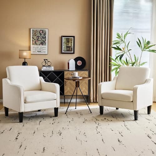 VINGLI Mid Century Modern Accent Chair, Beige Fabric Accent Chairs for Living Room Upholstered Armchair Sofa with Scooped Arms for Bedroom, Apartment, Studio, Office, Waiting Room 9
