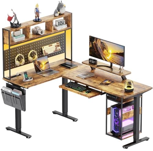 Flycity Electric L Shaped Standing Desk Adjustable Height, 67" x 47" Corner Computer Desk with Host Shelf, Gaming Desk with LED Lights & Power Outlet, Dual Motor Home Office Desk with Storage, Brown