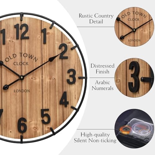EMAX HOME Large Old Town Farmhouse Wall Clock 24 Inch Rustic Antique Wood with Metal Circle and Large Numerals Silent Battery Operated Wall Clock for Office Kitchen Bedroom Living Room 7