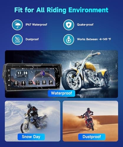 Motorcycle Front+Rear Dash Cam,6.86 inch IPS 1280x480P Touch Screen,1080P Motorcycle Camera DVR,Wireless Carplay&Android Auto,GPS,IP67 Waterproof,120°Wide,Bluetooth5.0,TF,PhoneLink for Motorbike 7