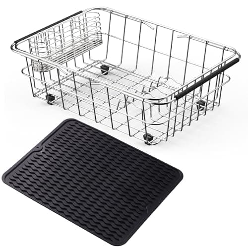 NiuYichee Stainless Steel Dish Drying Rack(15.2"L X 11"W X 5.3"H), Expandable Fruit & Vegetable Drain Rack over Sink, Dish Drainer Rack in Sink, with Stainless Steel Utensil Holder & Silicone Mat(16")