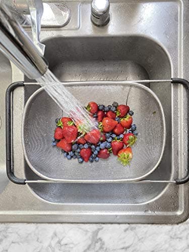 Makerstep Over the Sink Colander Strainer Basket Stainless Steel, For Kitchen Sink with Rubber Grip, Fine Mesh, Large Kitchen Gadgets Tools, Expandable Home Kitchen Essentials 8