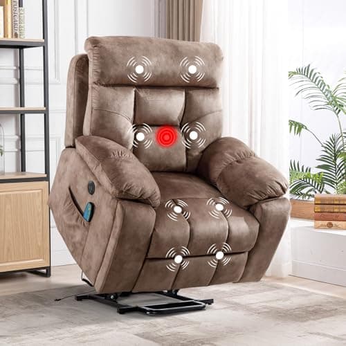 CANMOV Large Power Lift Recliner Chair with Massage and Heat for Elderly Big and Tall People, Overstuffed Wide Recliners with 2 Cup Holders, Side Pocket and USB Port, Camel 9