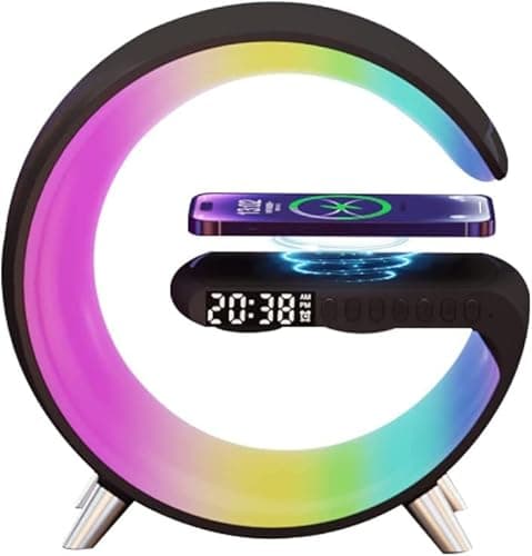 BKDRL Bluetooth Speaker Wireless Charger with Portable Small Mini Speaker,Wireless Atmosphere Lamp,Multifunctional RGB Night Light Alarm Clock & Charging Station,App Control (Black) (ZORAST-803) 5
