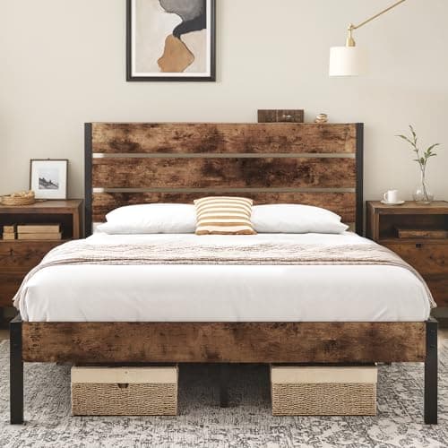 Acurax Queen Bed Frame, 14 Inch Metal Platform Bed Frame with Headboard and Footboard, Metal Support System, Mattress Foundation, No Box Spring Needed, Noise Free, Easy Assembly, Vintage, Rustic Brown