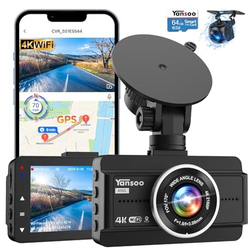 Dash Cam Front and Rear, 4K Full HD Dual Dash Camera for Cars, Free 64GB Card Included, Built-in 5G WiFi & GPS, Car Camera Dashcams for Cars with Night Vision, Parking Monitor, WDR, Emergency Lock