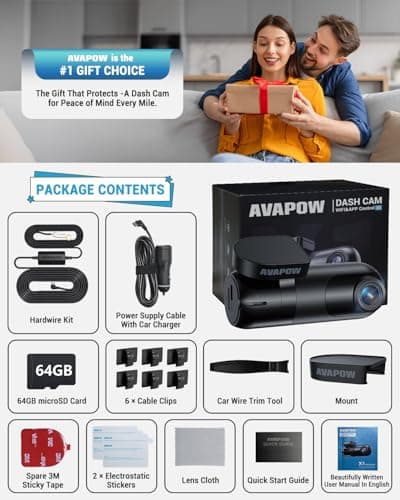AVAPOW 4K Dash Cam Front for Cars, Free Hardwire Kit & 64GB Sd Card Included – WiFi 6, App Control, UHD 2160P, Built-in G-Sensor, Loop Recording, Night Vision, 170° Wide Angle, 24H Parking, WDR 8
