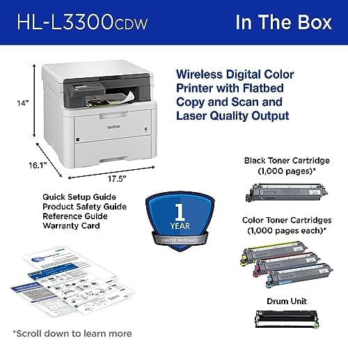 Brother HL-L3300CDW Wireless Digital Color Multi-Function Printer with Laser Quality Output, Copy & Scan, Duplex, Mobile | Includes 2 Month Refresh Subscription Trial ¹, Works with Alexa 7