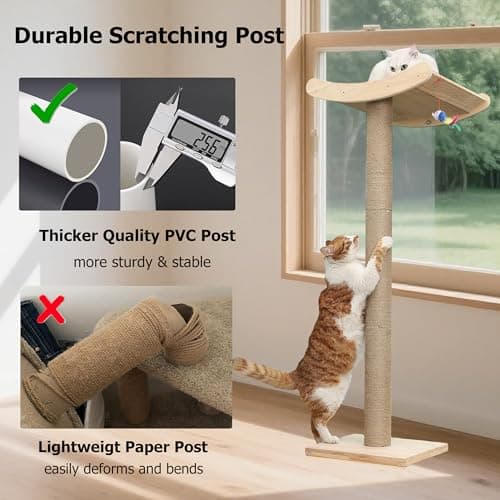 Window Cat Perch with Scratching Posts, 46" Wood Tree Bed for Maine Coon Big Cats Perching and Lounging, Mounted with 3 Strong Suction Cups (Wood Platform) 5
