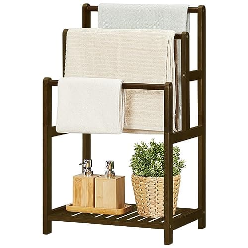HOOBRO Standing Towel Rack, 3-Tier Blanket Rack Holder, 16.5" L x 11.8" W x 30.3" H, Bamboo Drying and Display Rack with Shelf, for Bedroom, Living Room, Bathroom, Mocha MA03LB01 9