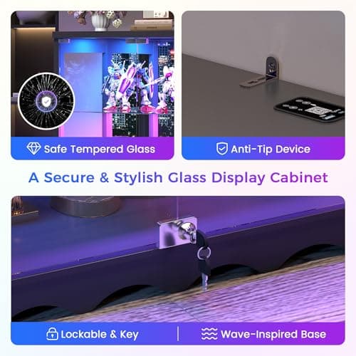 Dystler RGB Display Cabinet with Glass Doors - 39’‘ Tall Curio Cabinet with Lock & Adjustable Shelves, 3-Tier Display Case with Lights, for Collectibles/Figure/Helmet/Football, Black 6