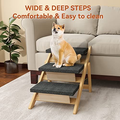 RunLexi Pet Stairs/Steps, Medium Dogs Steps for High Beds, Sofa, Couch, Car, 2-in-1 Foldable Wood Dog Ramp with Non-Slip Pads, Safety, Durable Portable Dog/Cat Ladder Up to 110 lbs, 3 Steps 5