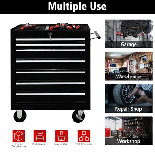 7-Drawer Rolling Tool Chest, Modular Tool Cabinet with Brake Casters & Removable Drawers, Workshop Toolbox Cart for Factory/Garage, Black 6