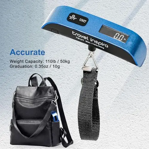 travel inspira Luggage Scale, Portable Digital Hanging Baggage Scale for Travel, Suitcase Weight Scale with Rubber Paint, 110 Pounds, Battery Included - Blue 7