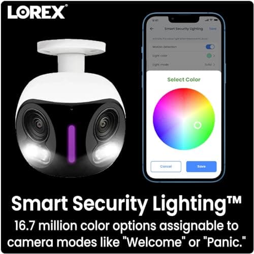 Lorex 4K Dual-Lens Outdoor Wi-Fi Security Camera | 180° Panoramic View | Smart Security Lighting | Color Night Vision | 2-Way Talk | Auto-Framing | 32GB Local Storage, No Monthly Fees | IP66 Rated 6
